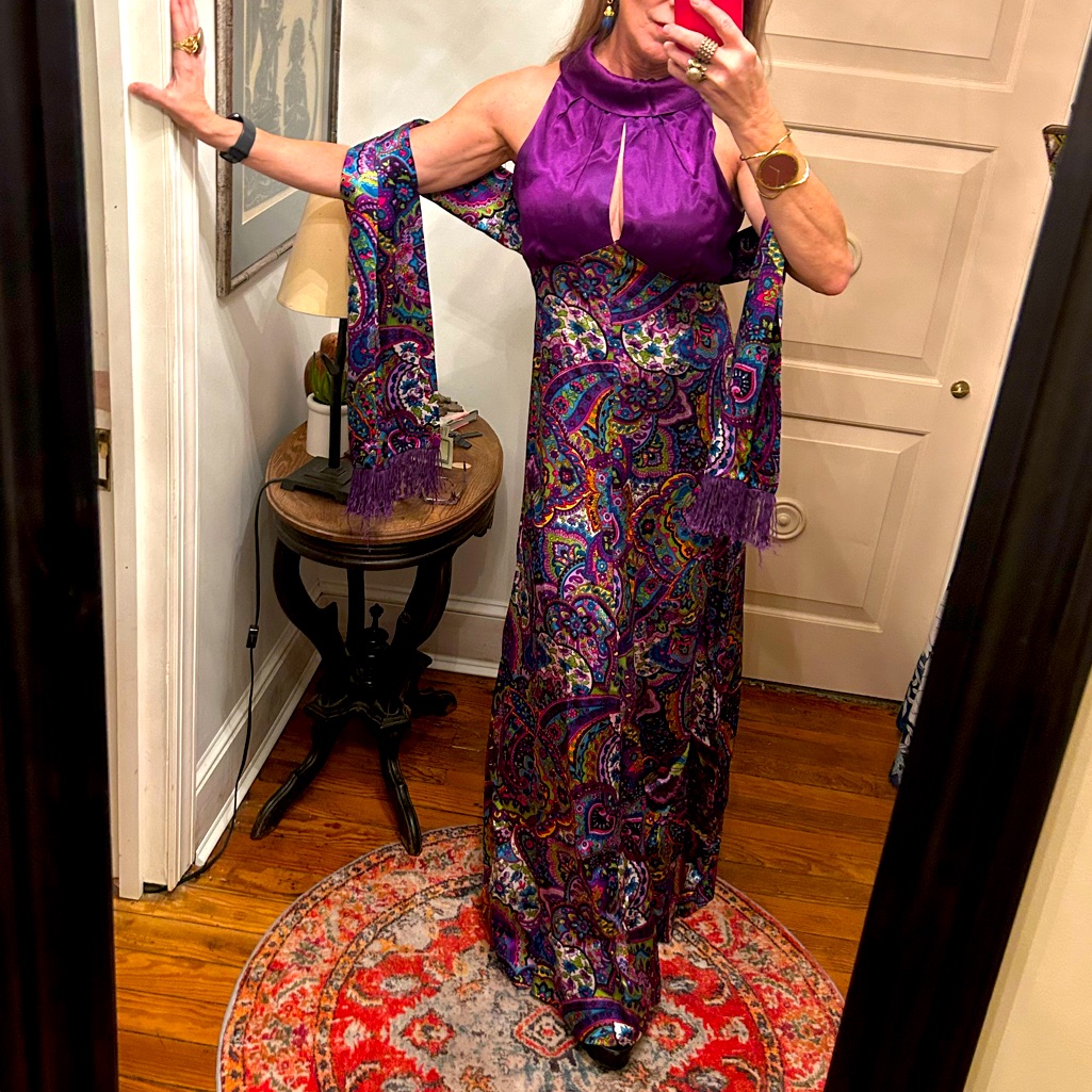 Rare Vintage Silk Dress Sz 6 Vibrant Paisley Maxi Dress With Fringe Scarf